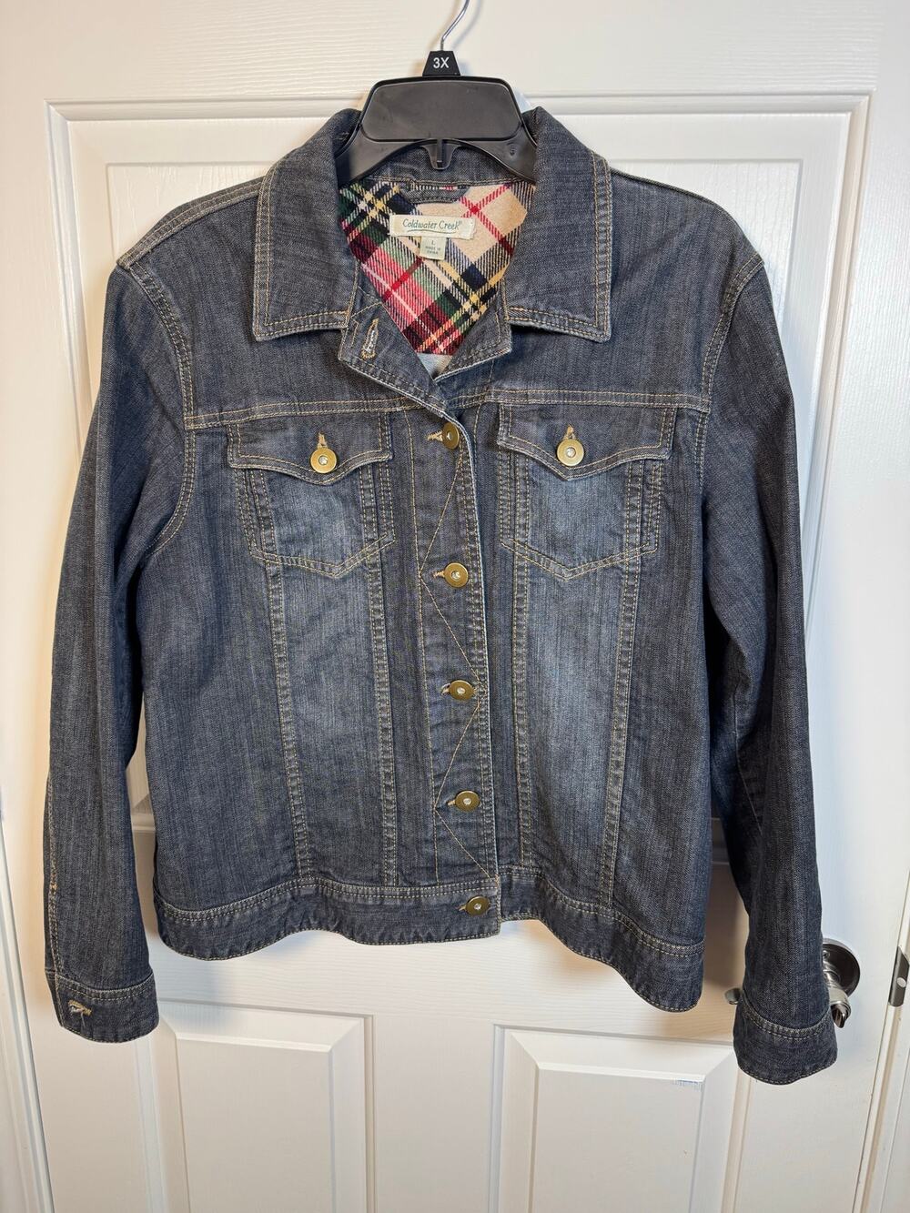 Coldwater Creek Plaid Wool Lined Denim Jean Jacket Red Green L
